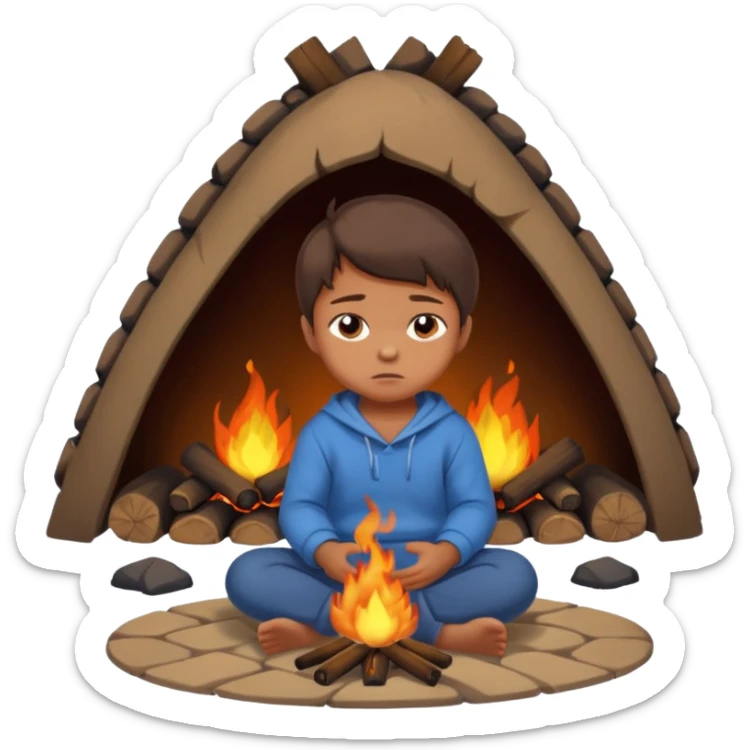 apple style emoji of a small child sitting on the floor, fire nearby, sad face sticker