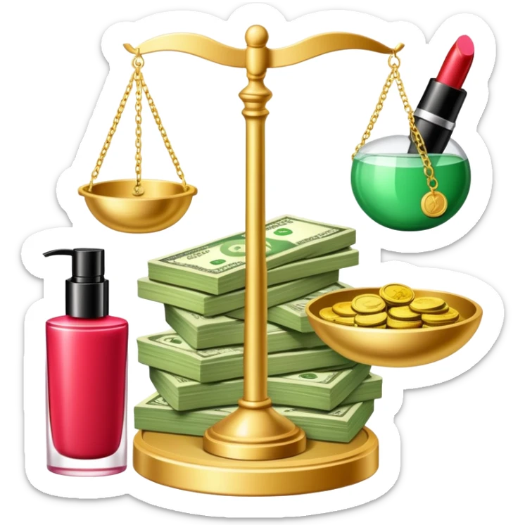 gold scale with a stack of green dollar bills and coins on one side and beauty products including lipstick, perfume, and makeup on the other sticker