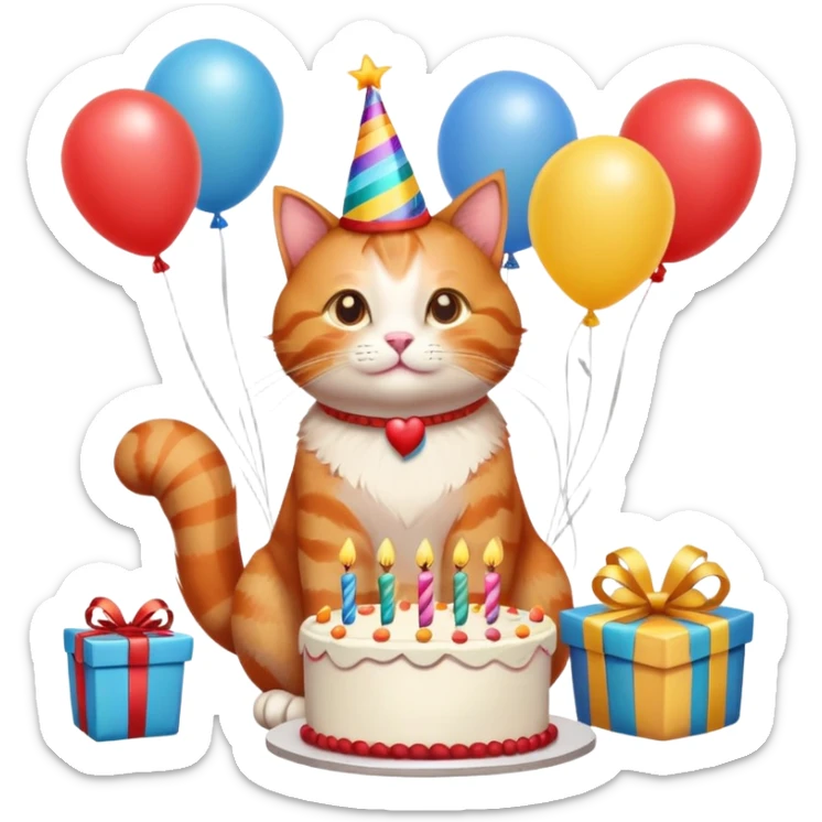 Ginger cat celebrates birthday, birthday hat, birthday cake, balloons, happy, gifts sticker