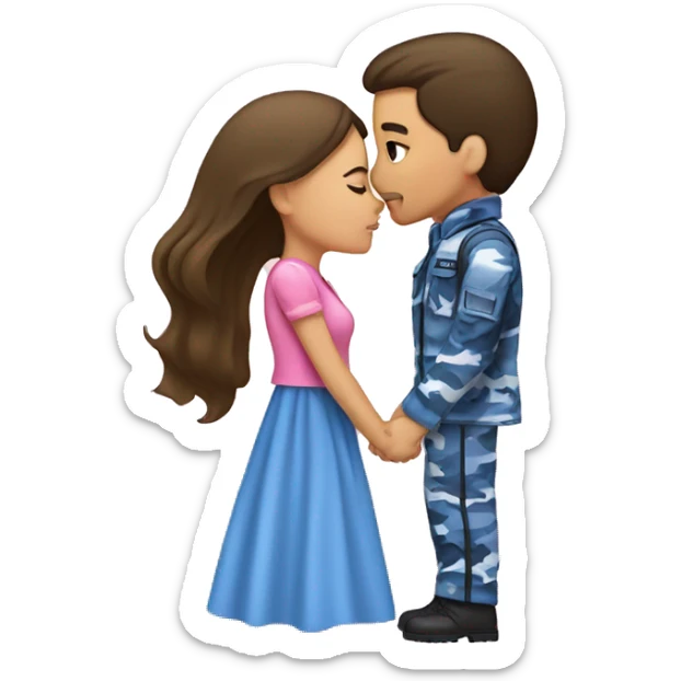 Brunette girl wearing a pink dress kissing  boy in blue camouflage  sticker