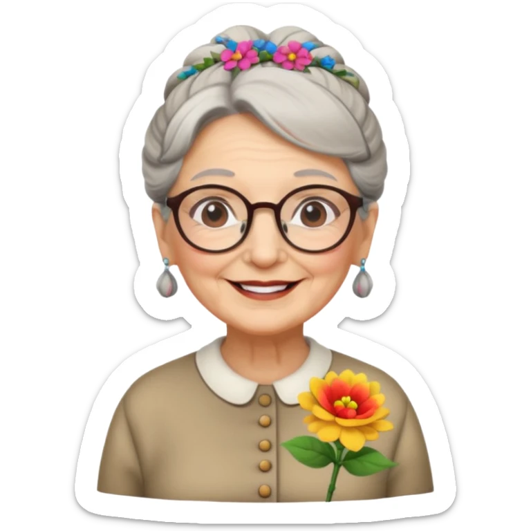 very old lady grandma wearing glasses with a bun and a flower in her hair emoji sticker