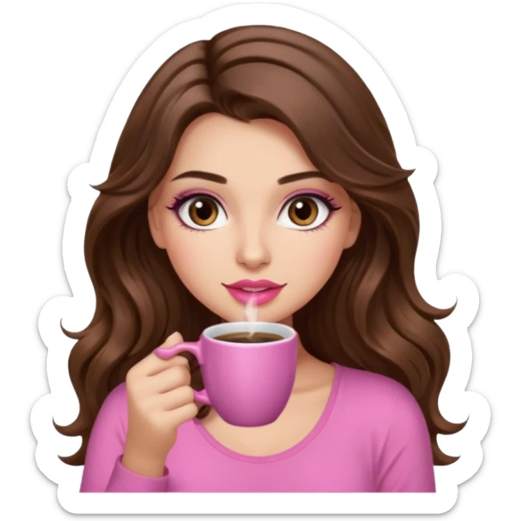 girl with long wavy brown hair, brown eyes, long lashes makeup,sexy pink lips, light to medium complexion, pink sexy top, with a coffee mug sticker