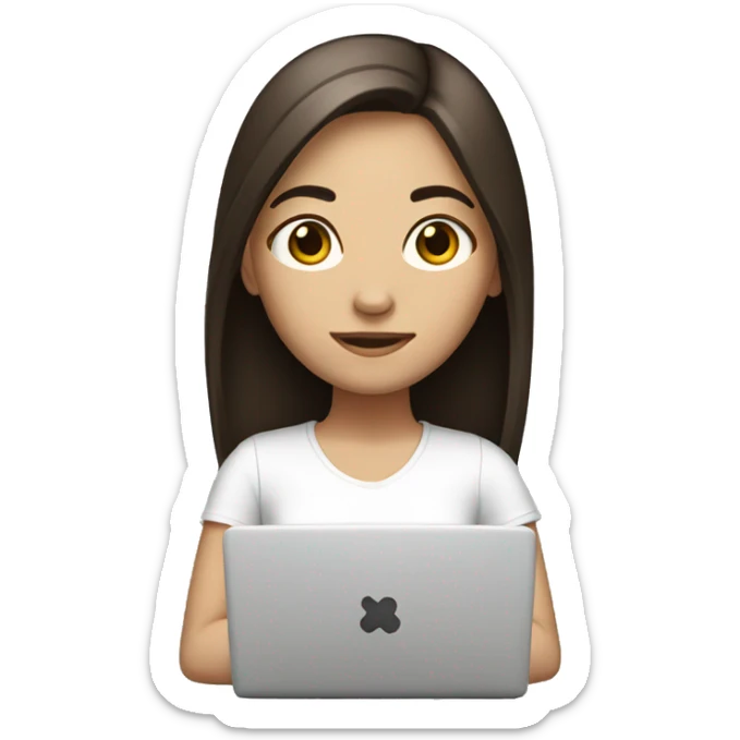  girl with laptop in front, dark brown hair, white skin, straight hair  sticker