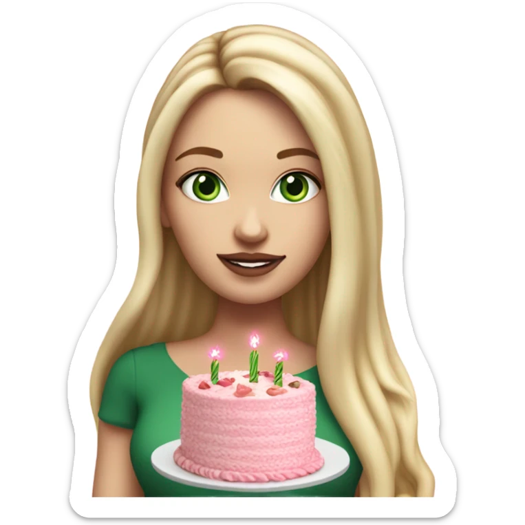 Realistic White girl with Long straight blonde hair, green eyes, tattoos, full body wearing dress and High heels, holding pink birthday cake sticker