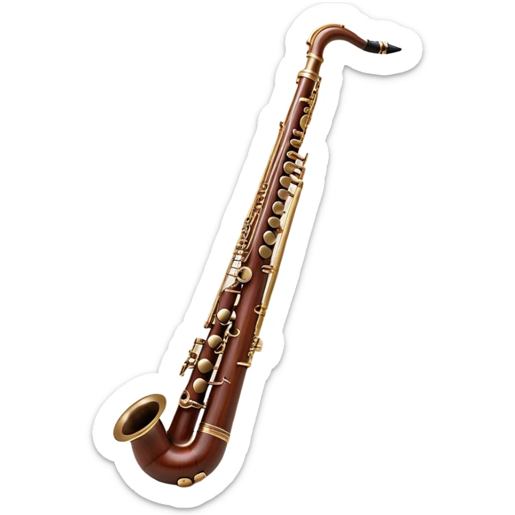 Create a detailed and elegant emoji representing a professional bassoon Oscar Adler. The design should showcase the long, slender wooden body of the bassoon with its distinct curves and metal fittings. Highlight the keywork and metal rings around the joints, with subtle light reflections on the wood to give it a polished appearance. The top of the bassoon should have the characteristic metal bell, and the reed should be clearly visible at the mouthpiece. Use warm wood tones like deep brown and mahogany for the body, with silver or brass accents for the metal parts. Add soft musical notes or soundwaves around the instrument to evoke its rich, deep sound. The background should be transparent. sticker