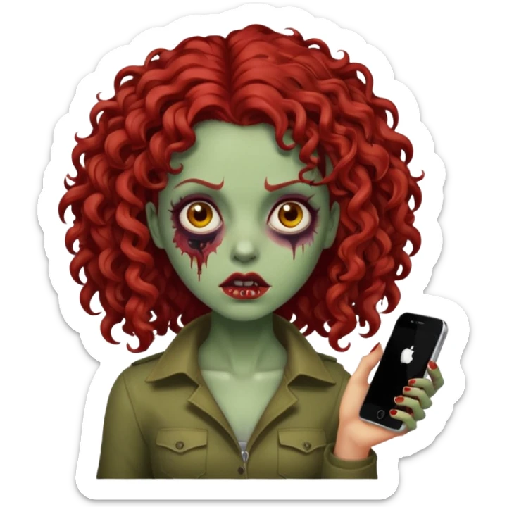 Emoji zombie feminino estilo iPhone com cabelo cacheado volumoso vermelho  sticker