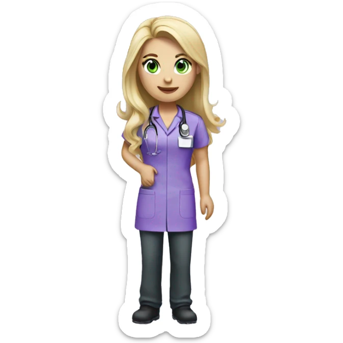 pretty nurse with long blonde hair green eyes   in purple scrubs sticker