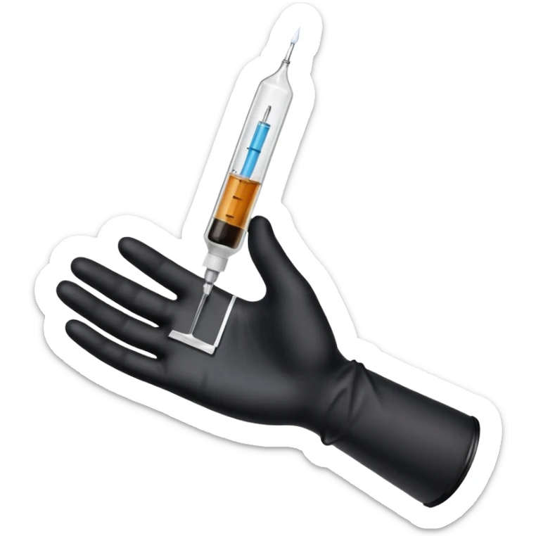 mano con guante medico de color negro sosteniendo una jeringa no tan grande y que solo se vea la mano hasta la muñeca, no el brazo y que el liquido de la jeringa sea transparente sticker