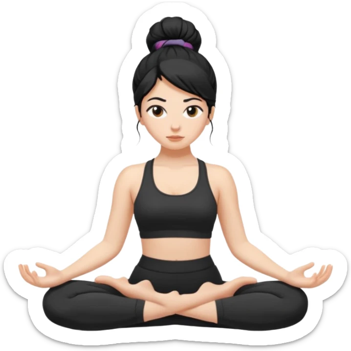 white girl with black long hair in a messy bun doing yoga sticker