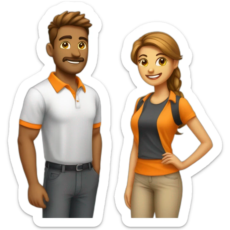 Chico y chica trabajan en oficina con remera color naranja sticker