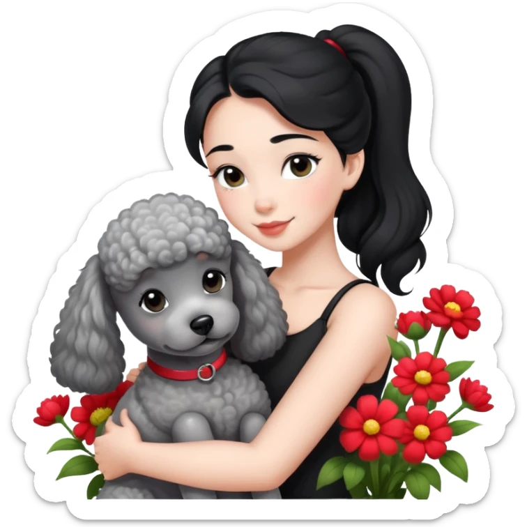 A beautiful girl with black ponytail happily hugs a gray poodle in the flowers sticker