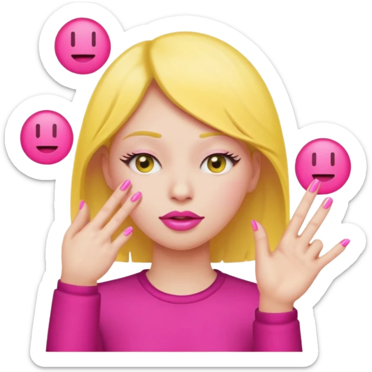 Yellow circle emoji exasperated and drumming fingers up the side of their head the eye is closed it is a side profile pink lipstick and pink nails sticker