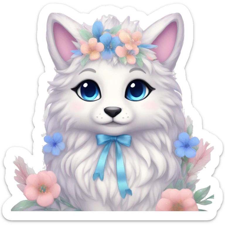 Anthro Cute Cool Pastel Kawaii gorgeous sparkly ethereal fantasy animal creature with blue eyes furry sona with flowers and ribbons beautiful aesthetic sticker