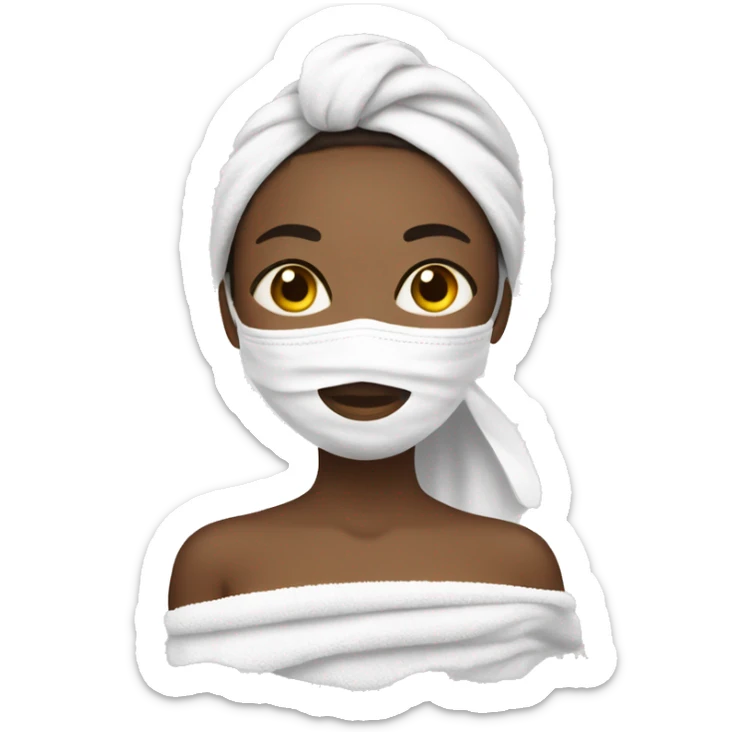 A girl with a towel over her hair and a white towel on her body and a face mask on her sticker