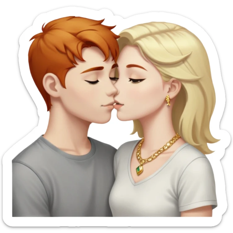 young 20 year old redhead girl with dark blonde eyebrows wearing gold jewelry and light clothes kissing a young 20 year old white-haired boy wearing dark t-shirt sticker
