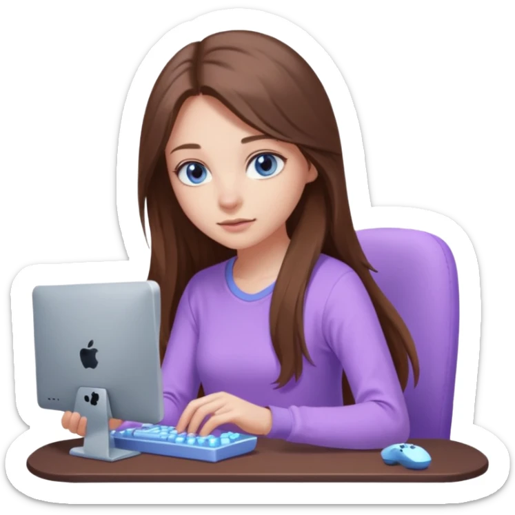 beautiful girl with long brown hair, blue eyes and wearing light purple clothes playing pc games sticker