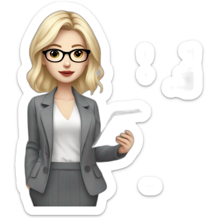 full height pale skin woman with cold blonde hair, Cara haircut, White blouse, Gray oversize jacket, Gray skirt and metal glasses holding a color palette in the hands of a color palette sticker