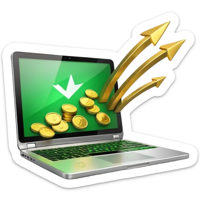 3D laptop icon with gold coins flying out of screen, green color (#0B3D2C), gold accents (#C9B037), upward arrows, glossy modern style, transparent background sticker