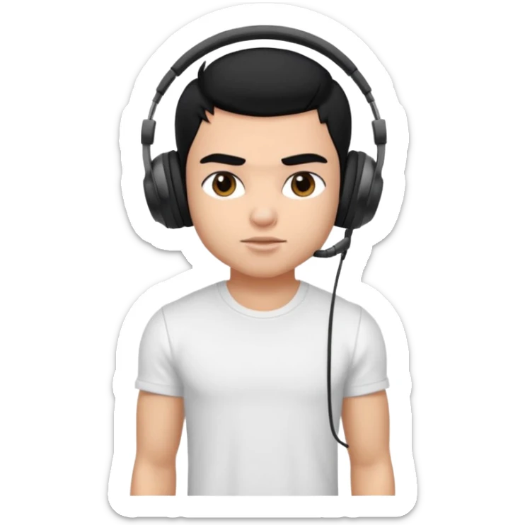 a pretty bratz fair indian boy with black hair. lean but muscled, wearing a white tshirt. headphones on sticker