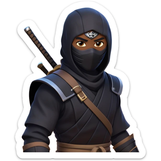 clash-of-clans-aesthetic_-cinematic-mysterious-male-ninja-portrait-emoji, rendered in a flat, vector-style with minimal shading and bold, simplified shapes, with a head slightly turned revealing intense, focused eyes, perched riding on an agile trained panther with glossy fur moving silently through shadowed urban rooftops and moonlit alleyways. sticker