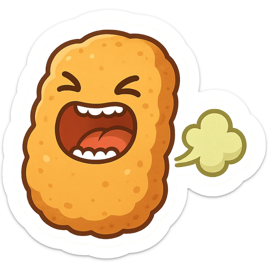 cartoon chicken nugget with an open mouth, visible teeth, and a fart cloud, fun and expressive style sticker