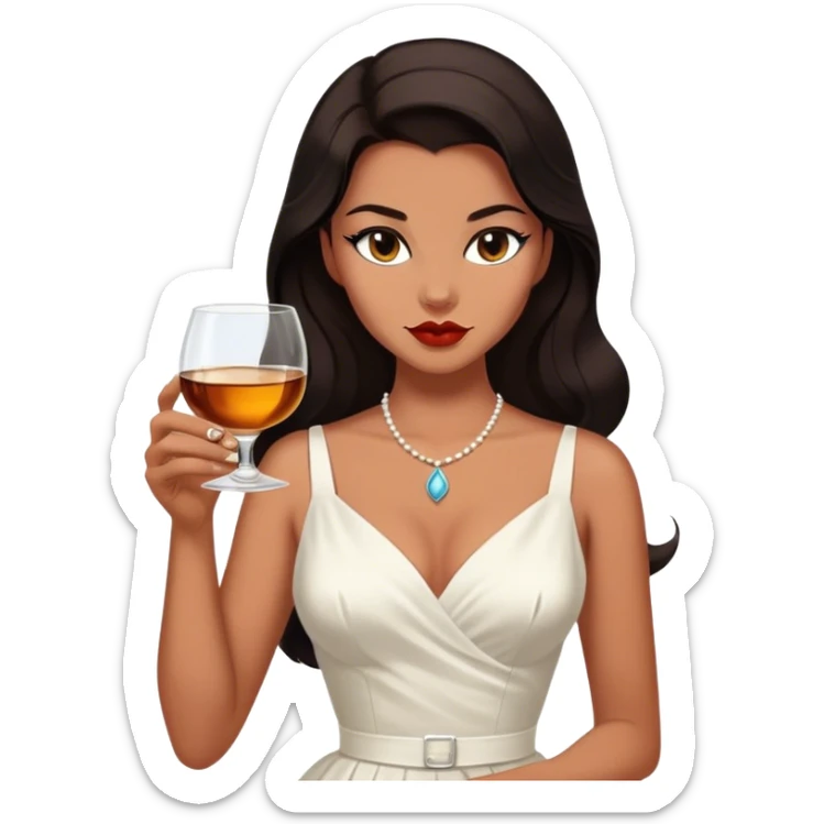 Beautiful woman in 1950’s woman fashion look, white dress, long dark brown hair, whisky with ice, black cat sticker