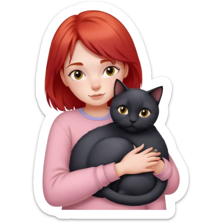 
a girl with red hair in pastel clothes hugs a black British cat sticker