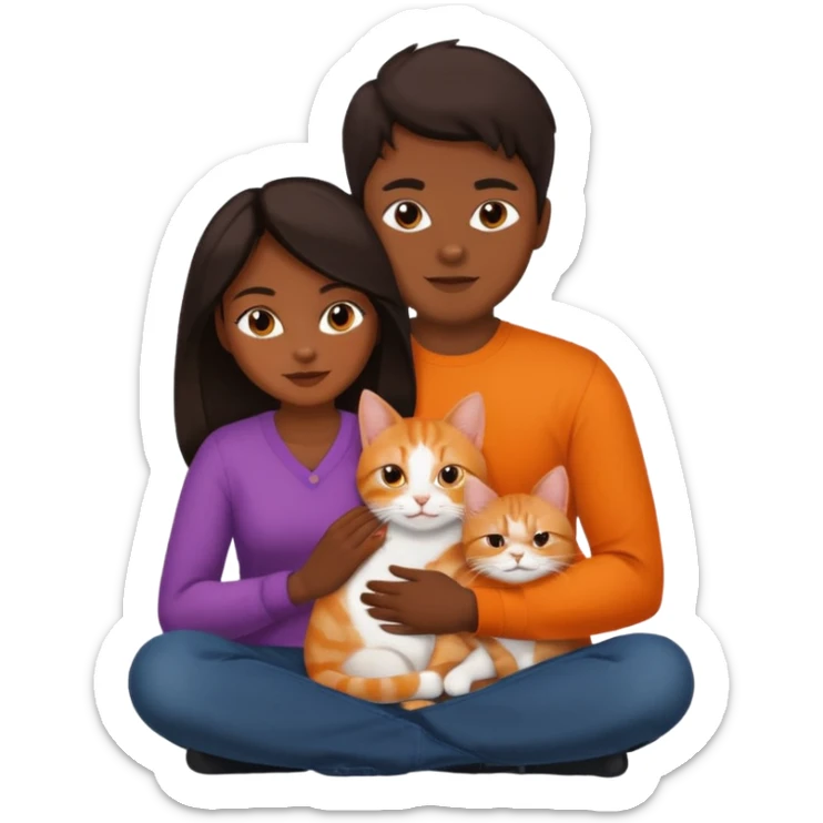 man and woman with dark hair, orange cat on woman's lap sticker