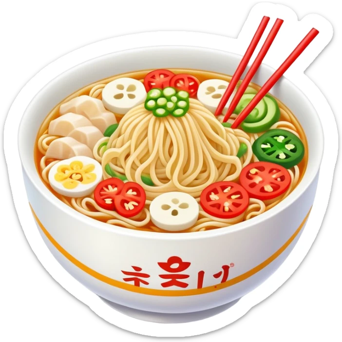 Shaanxi cold skin noodles with colorful toppings, simplified emoji style with bold outlines and bright colors, cartoon style Xi'an famous cold appetizer sticker