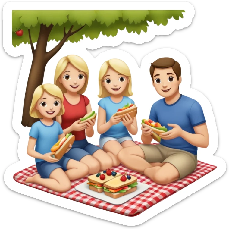 Family picnic with parents and children sitting on a blanket enjoying food outdoors sticker