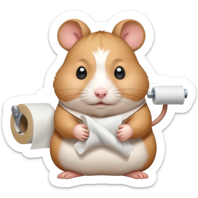Cute chubby cartoon-style hamster sitting on toilet holding toilet paper looking as if he had an accident, sticker-style illustration sticker