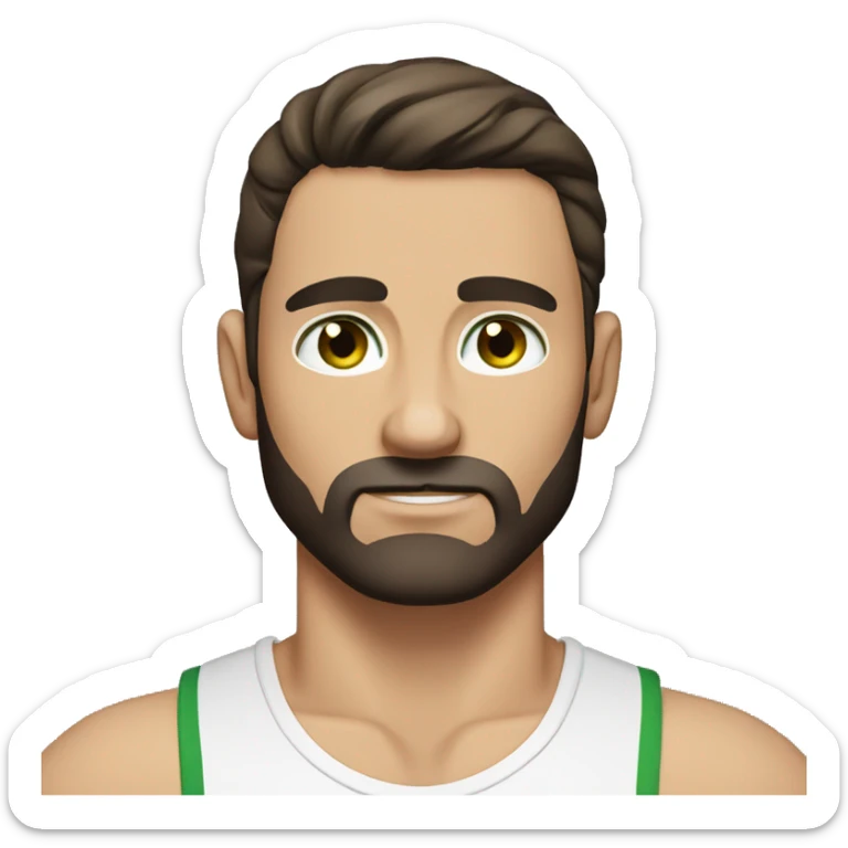 man, short dark brown straight hair, short beard, VERY LONG AND POINTY nose, white, green eyes, muscular, freckles sticker