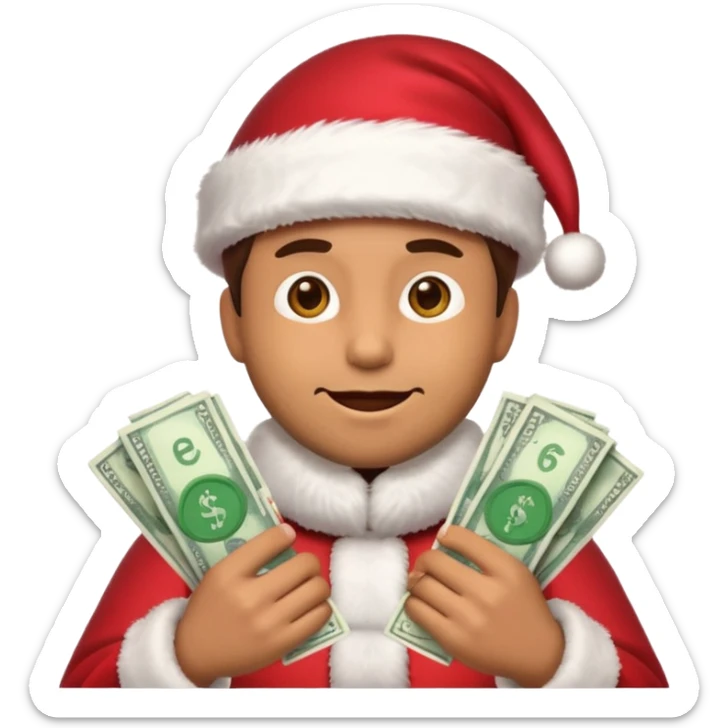 A confident rich emoji face wearing a Santa hat, money stacks, casino vibe, New Year theme, premium 3D emoji style, sharp details, no text, isolated on transparent background sticker