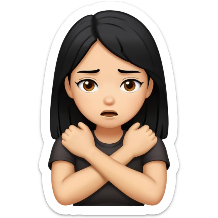 a Carmel tone girl with black hair crossed arms choking her self with a sarcastic face sticker