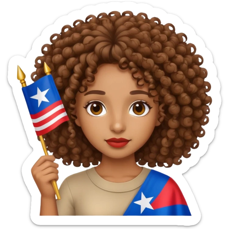 Brown girl with curly hair holding a Puerto Rican flag sticker