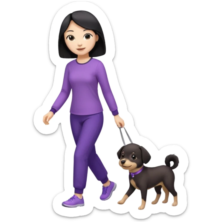 black hair Chinese woman wearing purple top and black pants walking 1 small light brown dog sticker