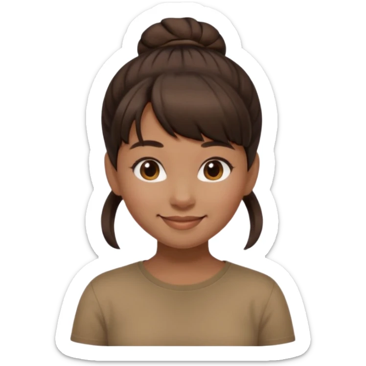 In Apple Memoji format, a girl with dark brown hair. She has bangs and her hair is in a singular high bun. The girl is arab and has light brown skin. She is wearing a brown shirt. She is soft smiling, no teeth shown. sticker