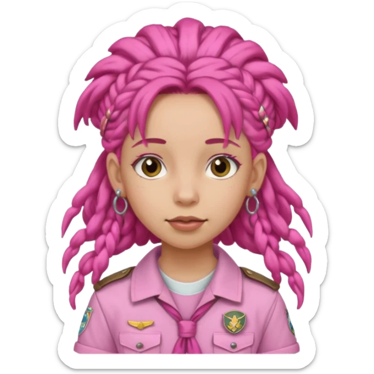scout girl with pretty pink uniform, pink dreadlocks, and big earrings sticker