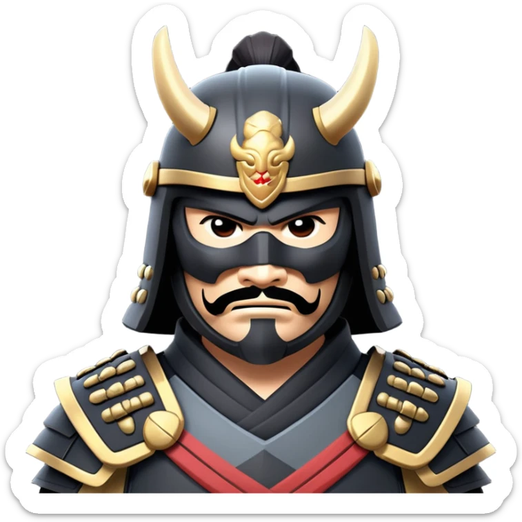 clash-of-clans-aesthetic_-cinematic-fearsome-and-majestic-samurai-bust-portrait-emoji, rendered in a flat, vector-style with minimal shading and bold, simplified shapes typical of emoji art, depicting a battle-hardened samurai with black mask and traditional black Japanese armor. The samurai is riding a noble grey warhorse adorned with an intricately designed saddle and fluttering banners and a rising sun. a samurai on a   horse sticker