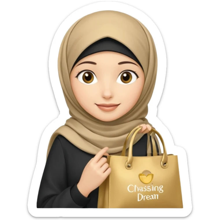 iOS 18 emoji beautiful smiling hijabi girl with striking hijab, carrying tote bag featuring 'keep chasing your dream' in soft gold color text sticker