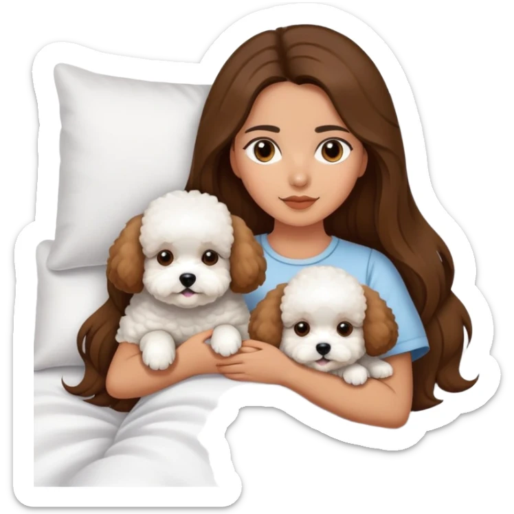 Olive skin girl with long brown hair in bed with 3 WHTE bichon frise's sticker