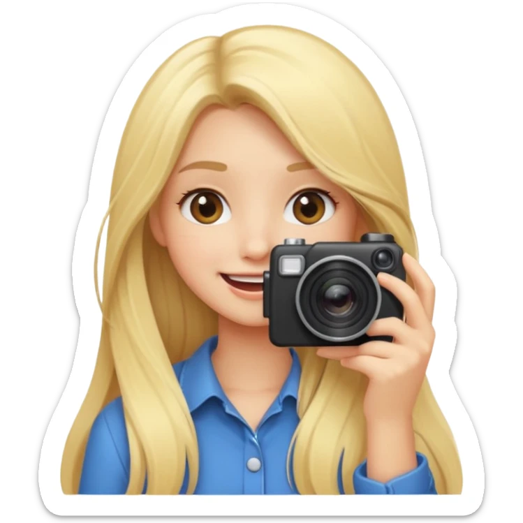 blonde girl photographer cartoon taking picture in middle of taking picture camera in front of face long hair smiling funny flash professional camer sticker
