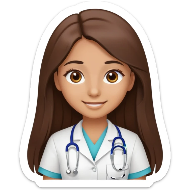 An student of nurse with an chocolat brown straight long hair,  also brown big eyes with lashes, skin like latina, and smile sticker