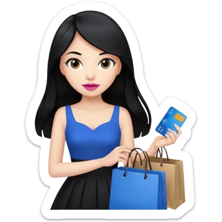 Girl with long black hair, pink lipstick, brown eyes holding shopping bags and blue credit card and wearing a black dress  sticker