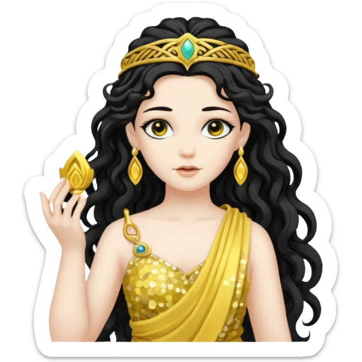 Libera, Goddess of Labyrinth from Roman Deities with long jet black wavy hair, yellow sequin toga  sticker