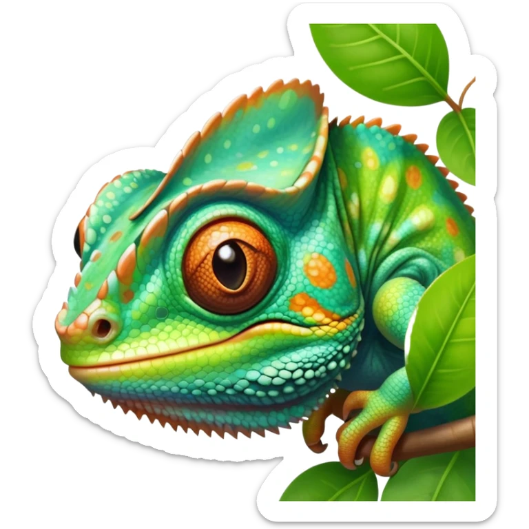 cinematic cute-smiling baby chameleon-realistic emoji,-blending-with-vibrant-greenery.-detailed-scales-in-shifting-colors,-showing-the-chameleon’s-ability-to-camouflage.-soft-natural-light-highlights-its-texture.-light-background, zoomed into its face sticker