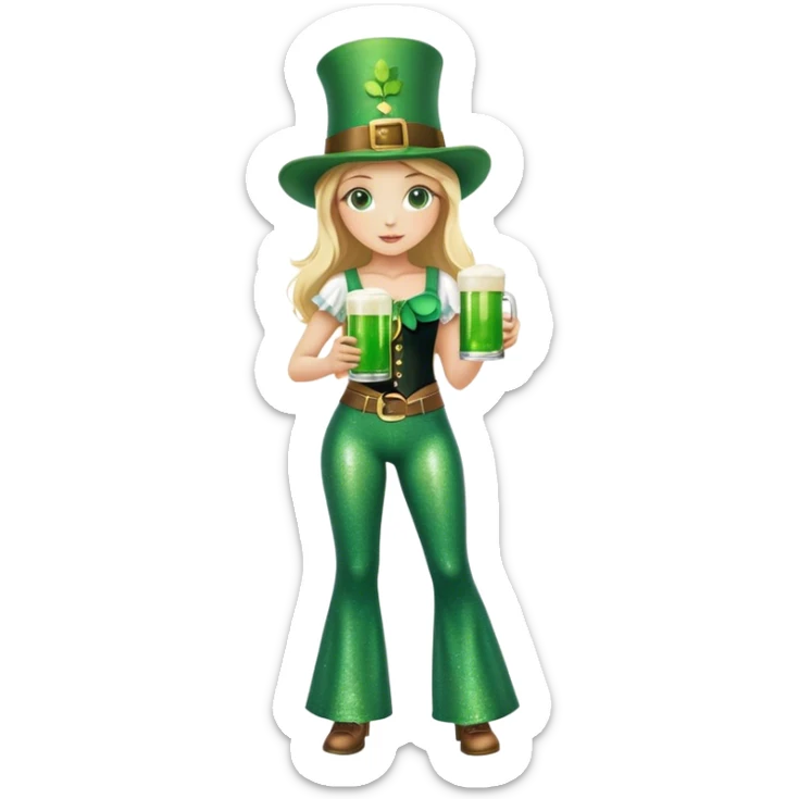 Blonde haired girl in glittery green bell bottoms and tall leprechaun hat holding a green beer sticker