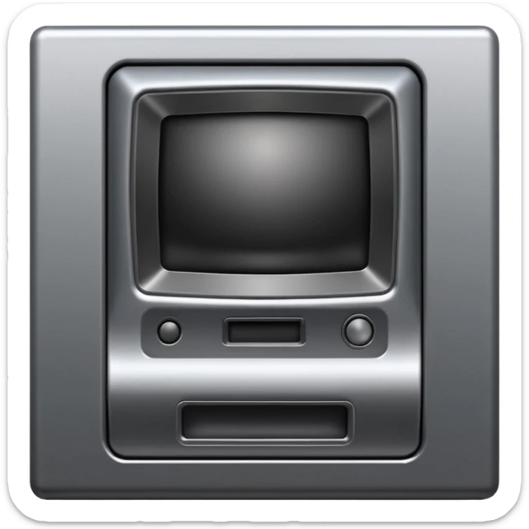 Minimal emoji icon of a modern metallic studio monitor, front view, detailed geometry, dark metallic body, subtle highlights, isolated sticker