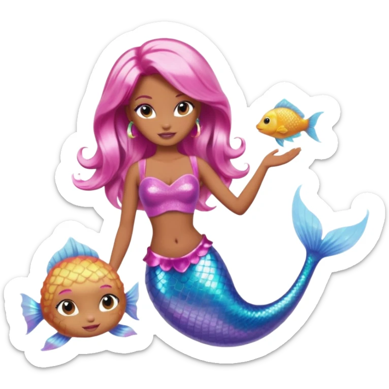 Brown skin blonde hair barbie mermaid with holographic tail and pink hair with pufferfish sticker