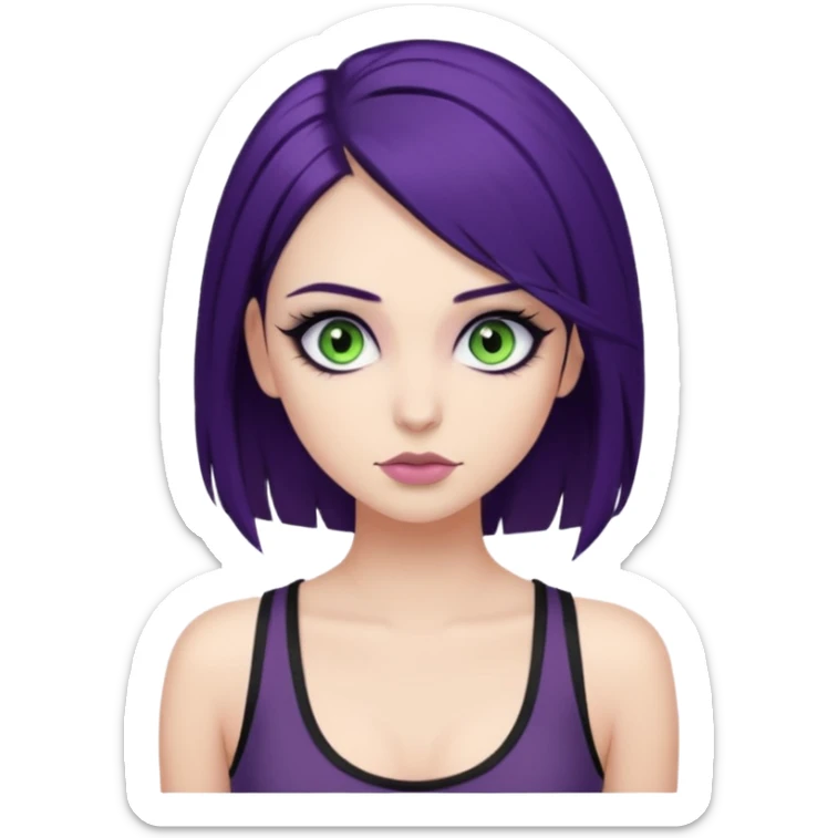 alternative girl with dark purple hair and big eyelashes, beautiful makeup and greenish grey eyes, straight eyebrows & wearing a low cut black tank top sticker